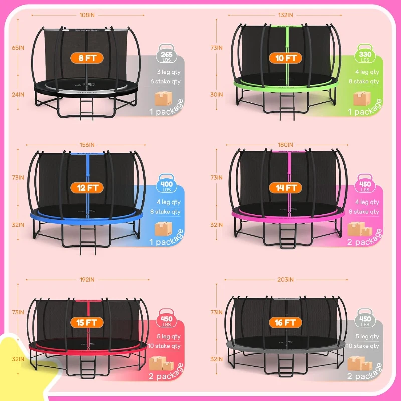 BCAN Outdoor Trampoline with Net Enclosure and Ladder — 8/10/12/14/15/16FT Recreational Trampoline, ASTM Approved for Kids & Adults