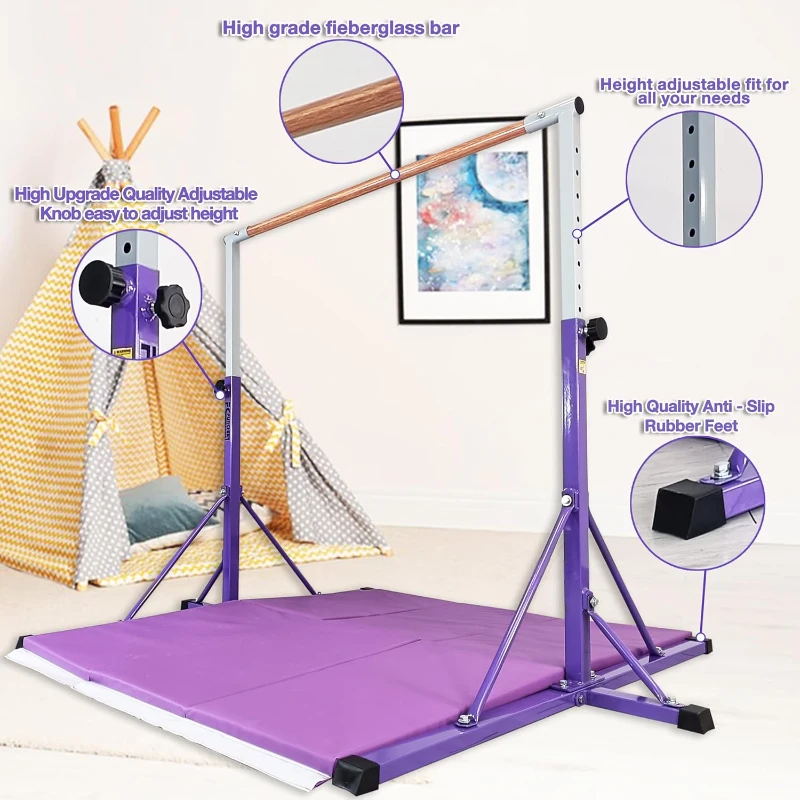 5FT/6FT Kids Adjustable Gymnastics Bar – Horizontal Training Bar for Ages 5–20, Height Range 35.4""–59"" / 45""–71"", 500 lb Max, Home Use