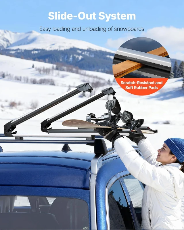 VEVOR Ski & Snowboard Roof Rack, Holds Up to 4 Pairs of Skis or 2 Snowboards, 2-Pack Aluminum Universal Top Mount with Lock & Rubber Padding, Also Fits Fishing Rods, Compatible with Most Crossbars