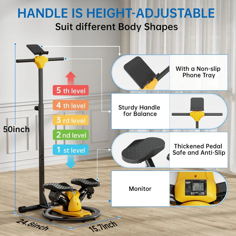Twist Stepper Machine with Adjustable Handlebar and 360° Waist-Twist Function, Quiet Mini Stair Stepper with LCD and 300 lb Capacity