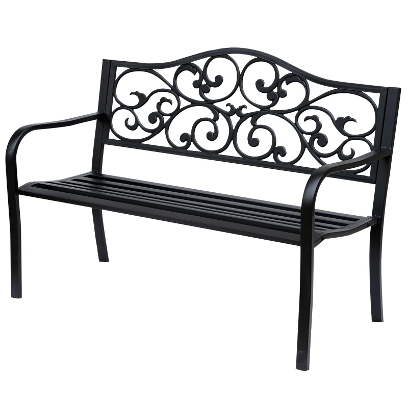 Outsunny Garden Bench Outdoor Loveseat with Vintage Floral Pattern Cast Metal, 50" x 23.6" x 35", Black