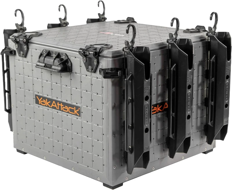 YakAttack BlackPak Pro 16"" x 16"" Battleship Grey Fishing Crate with 6 Rod Holders – Customizable Kayak Tackle Organizer | Made in USA