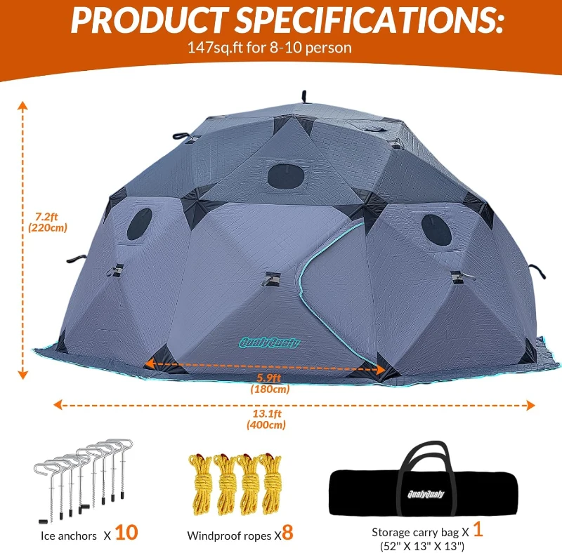 QualyQualy 8-10 Person Insulated Pop-Up Ice Fishing Tent with Floor - 147 sq ft Shelter with Stove Jack and Carry Bag