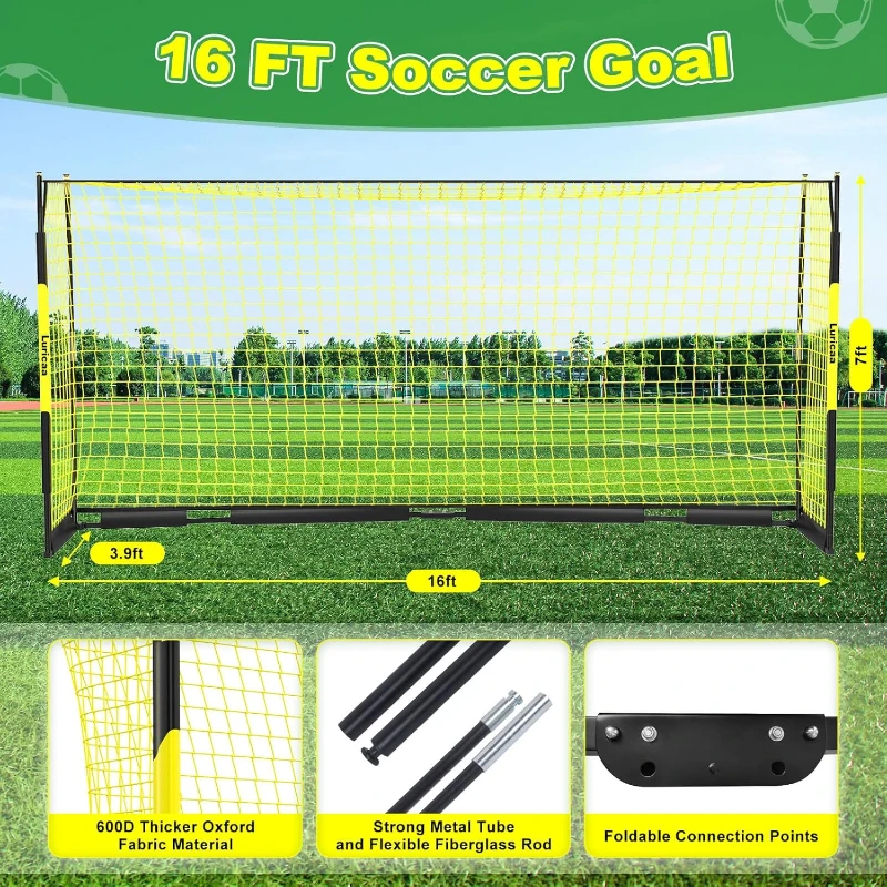 Collapsible Soccer Goal 12×6 ft / 16×7 ft – Portable Pop-Up Net with Carry Bag, 4 Ground Stakes & 12 Training Cones