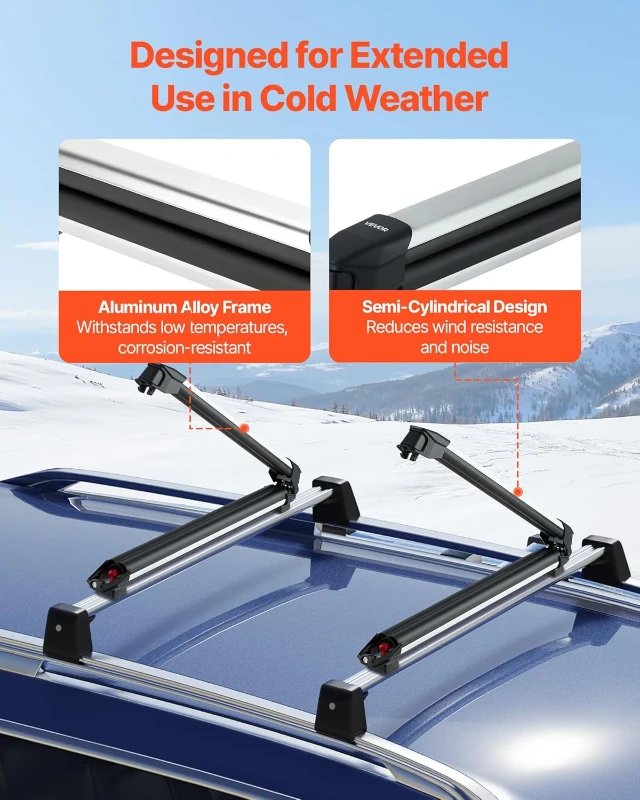 VEVOR Ski & Snowboard Roof Rack, Carries up to 6 Pairs of Skis or 4 Snowboards, 2-Pack Aluminum Universal Roof Holders with Lock & Rubber Padding, Carrier for Fishing Rods, Fits Most Slotted Crossbars