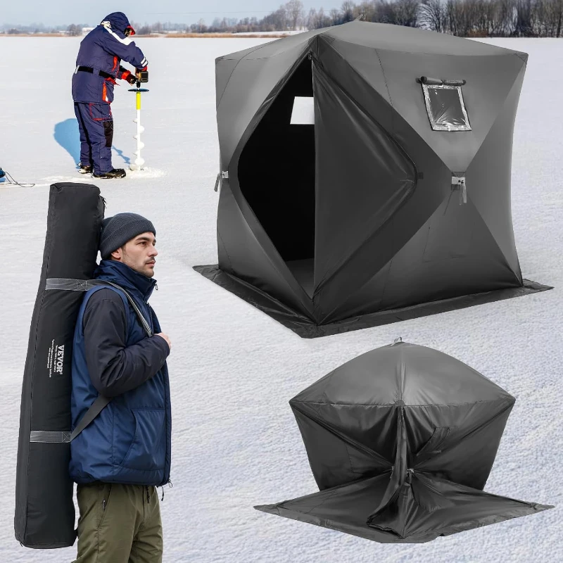 VEVOR Pop-Up Ice Fishing Shelter — Hub-Style Portable Tent, Insulated or Non-Insulated Options, Waterproof 300D Oxford Fabric, Includes Anchors, Ropes & Carry Bag (90 x 90 x 80 in)