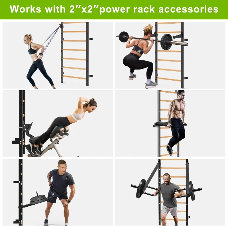 Kipika 2""x2"" Wall-Mounted Swedish Ladder with 1"" Hole — Pull-Up Bar & Suspension Trainer with Solid Wood Handles for Home, Wall Gyms, Schools