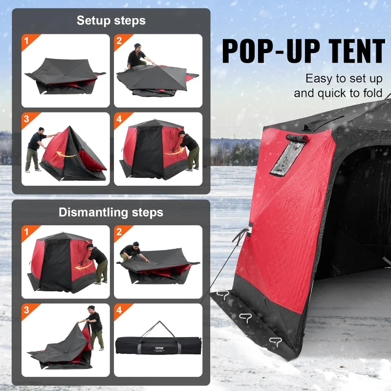 VEVOR Large Insulated Pop-Up Ice Fishing Tent – 600D Oxford, 80g Padding, Hub-Style Shelter for Multiple Anglers, Waterproof, Includes Anchors, Ropes & Carry Bag