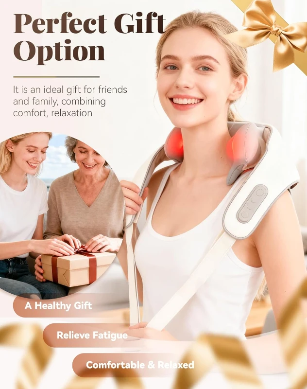 HVZZ 6D Shiatsu Neck & Shoulder Massager with Heat – Portable Rechargeable Deep Tissue Neck and Back Massager (Beige)