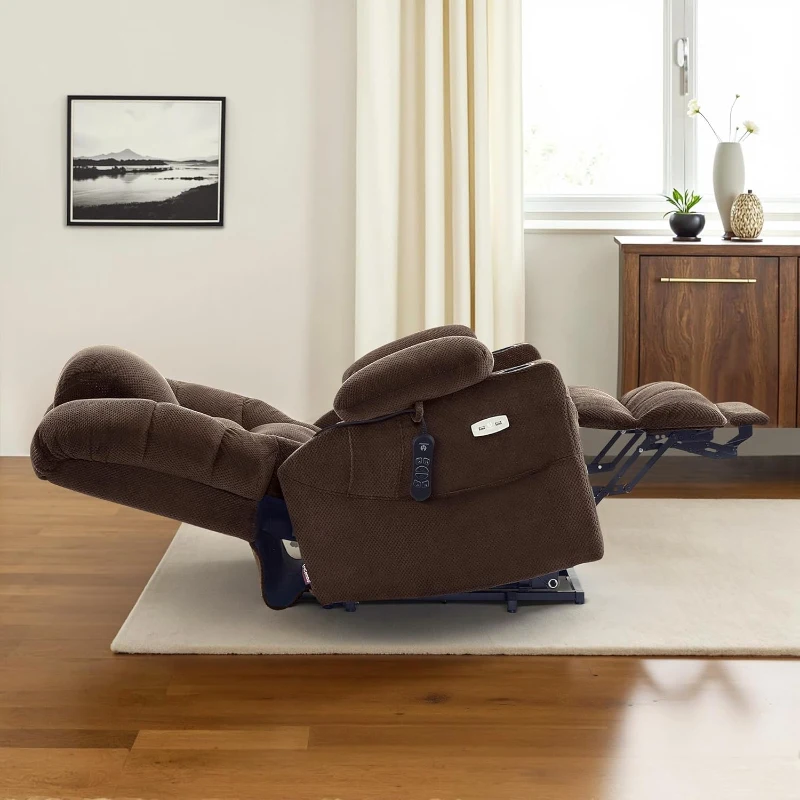 MCombo Large Triple-Motor Power Lift Recliner for Tall Seniors with Massage & Dual-Zone Heating, Adjustable Headrest — Fabric 7634 (Coffee, Large)