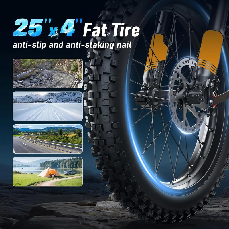 Electric Dirt Bike for Adults with Peak 3000W Brushless Motor, 48V 32Ah Removable Battery, Up to 37 MPH and ~80 Miles Range – Fat-Tire Electric Mountain E-Bike for Snow, Sand & Commuting