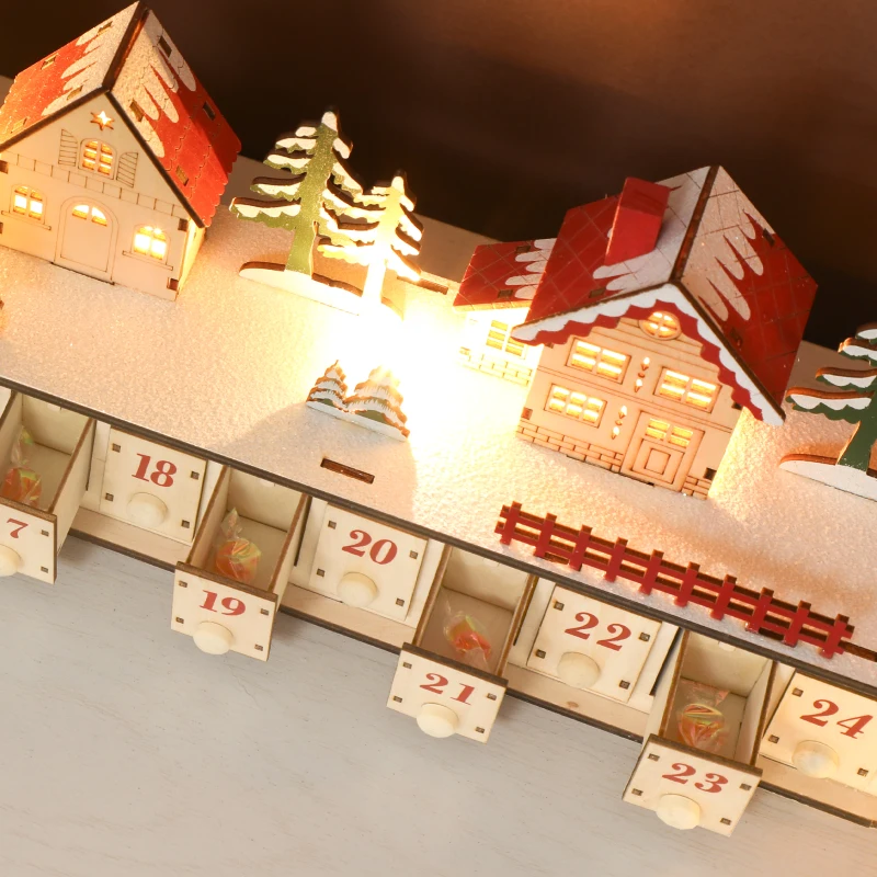 HOMCOM Christmas Advent Calendar with 24 Countdown Drawers and LED Lights, Wood-Effect Advent Calendar, Battery Operated