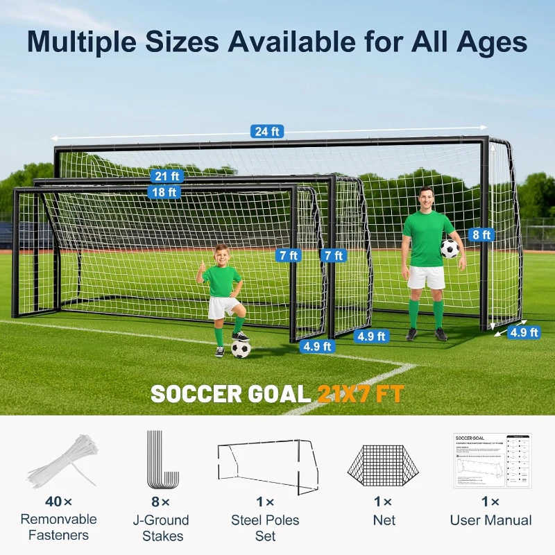 MOPHOTO Foldable Soccer Goals (6x4/8x6/10x6.5/12x6/16x7/18.5x6.5/21x7/24x8 ft) – 21x7 ft Backyard & Full-Size Training Goal for Teens and Adults