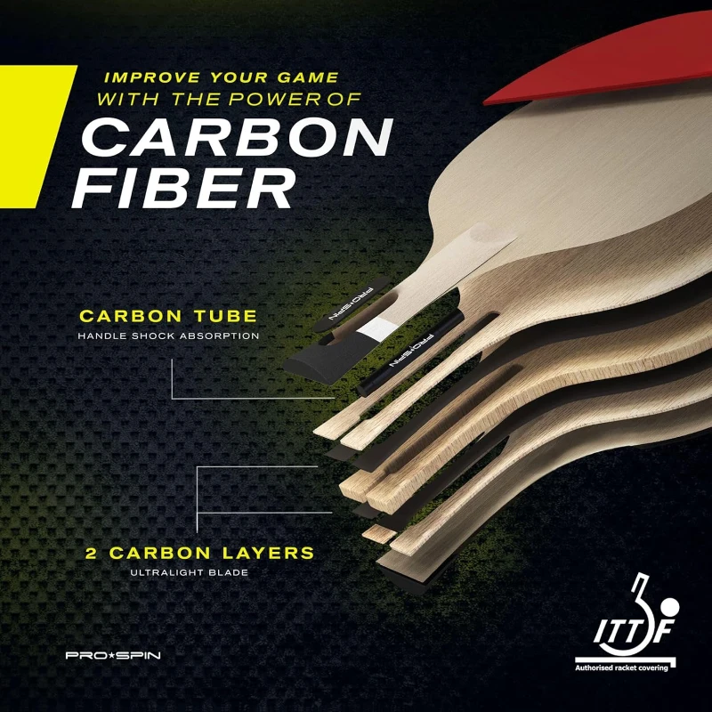 PRO-SPIN Carbon Control Table Tennis Rackets (4-Pack) - ITTF-Approved Rubber, 7-Ply Blade with Carbon, 2.0mm Sponge