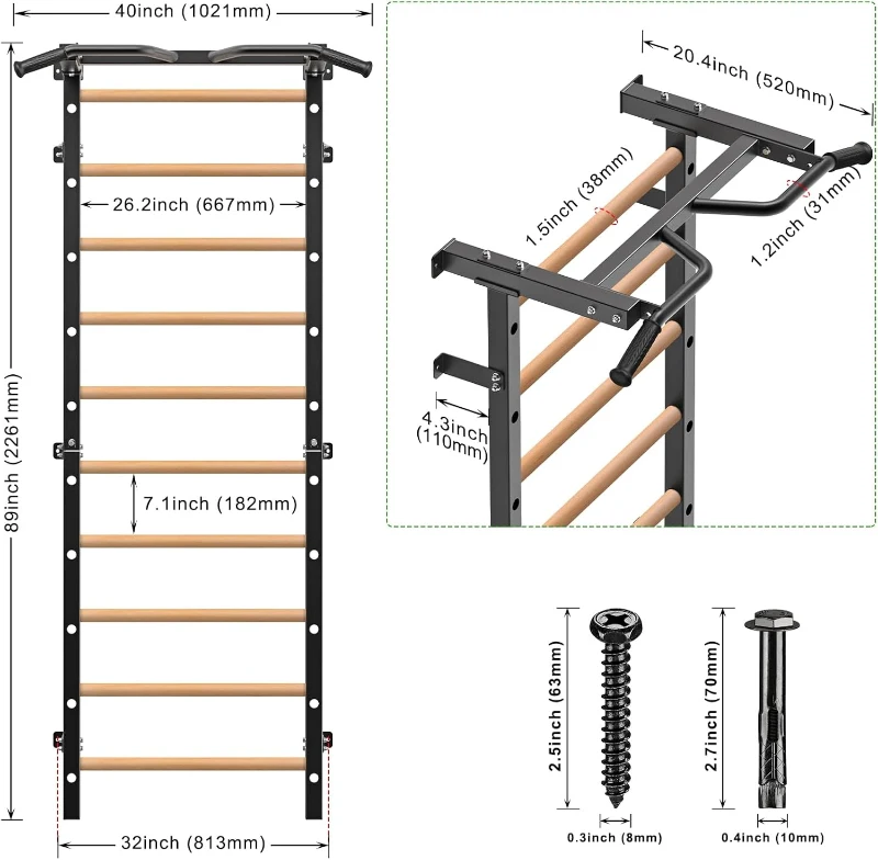 Kipika 2 x 2-inch Swedish Wall Ladder – Wall-Mounted Pull-Up Bar & Suspension Trainer with 1-inch Holes, Solid Wood Grips, Power Rack Compatible Gymnastic Stall Bar for Home, School and Wall Gyms
