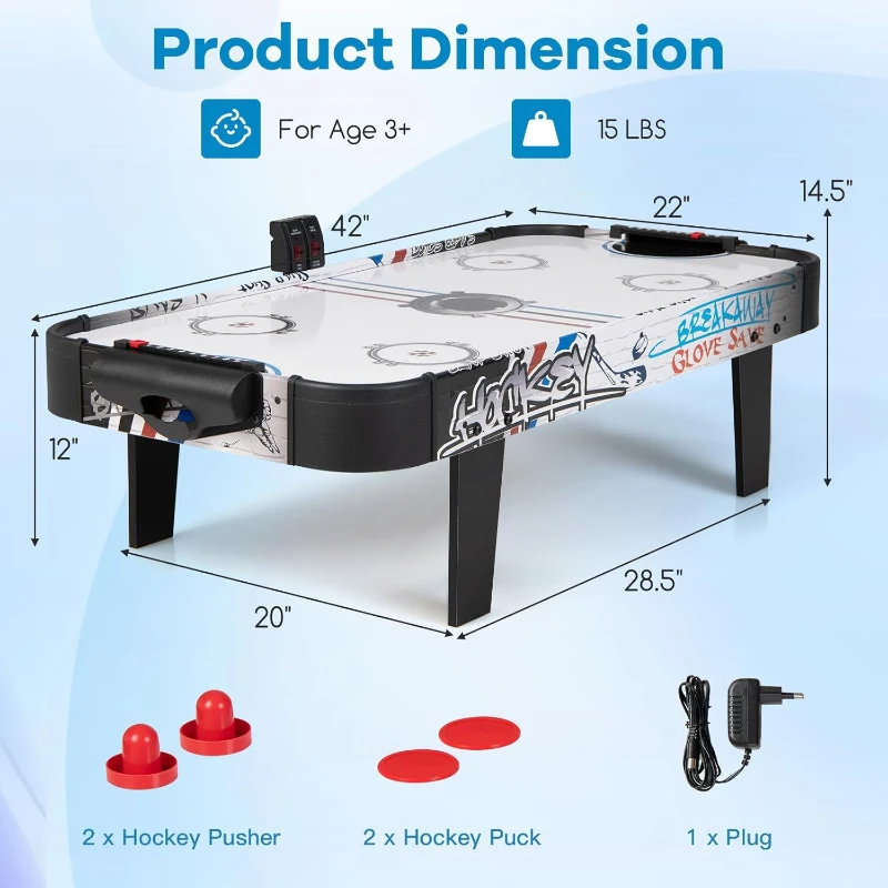 KOTEK 42"" Air Hockey Arcade Table with 12V Fan Motor, LED Scoreboard, 2 Pushers & 2 Pucks — Tabletop Game for Kids and Adults