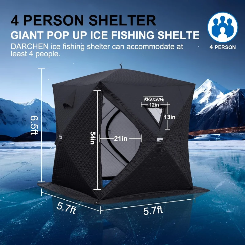 DARCHEN 3-Layer Insulated Pop-Up Ice Fishing Shelter for 3-4 People - Thermal Shanty with Insulation Skirt