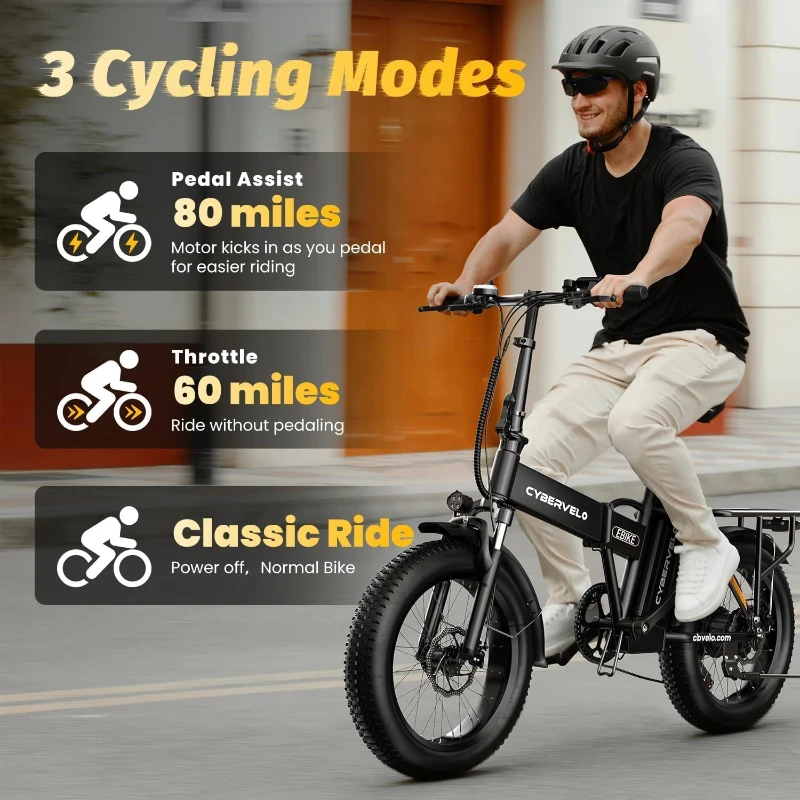 Cybervelo Foldable 1000W E-Bike — 48V 20.8Ah Removable Battery, 30+ MPH, Up to 80 Miles, 20-inch Fat-Tire Electric Bicycle for Adults