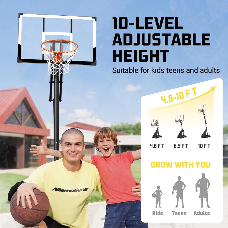 Aimking 44"" Shatterproof Backboard Basketball System, 4.8–10 ft Height-Adjustable Hoop for Youth, Teens & Adults (Indoor/Outdoor/Pool)