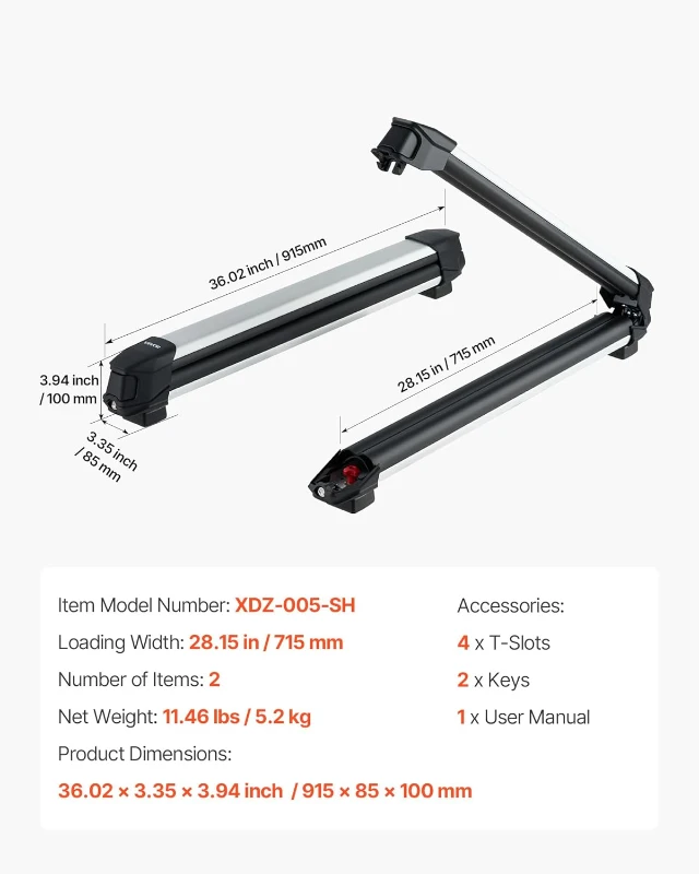 VEVOR Ski & Snowboard Roof Rack, Carries up to 6 Pairs of Skis or 4 Snowboards, 2-Pack Aluminum Universal Roof Holders with Lock & Rubber Padding, Carrier for Fishing Rods, Fits Most Slotted Crossbars