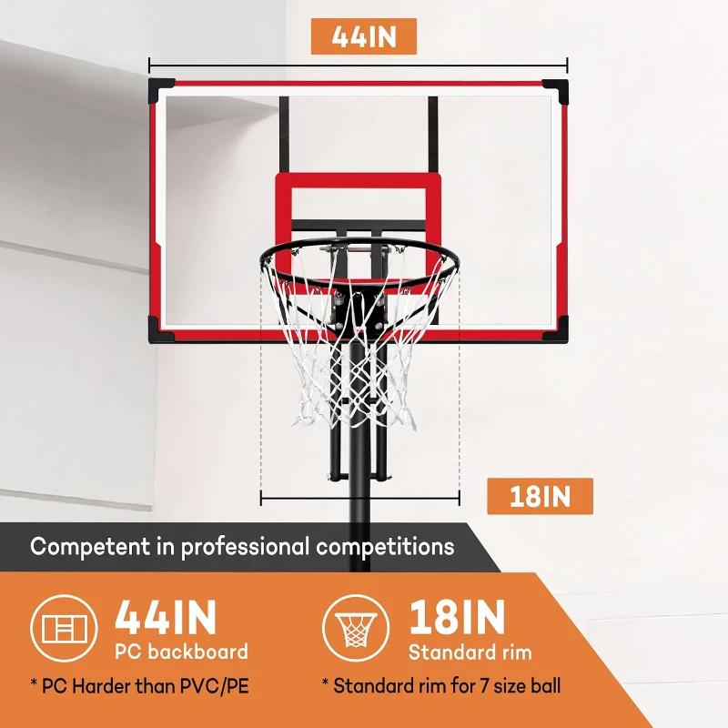 Aimking Outdoor Basketball Hoop System with 44"" Shatterproof PC Backboard, Height Adjustable 4.8–10 FT Portable Goal for Youth/Teens/Adults (Indoor/Outdoor/Pool)
