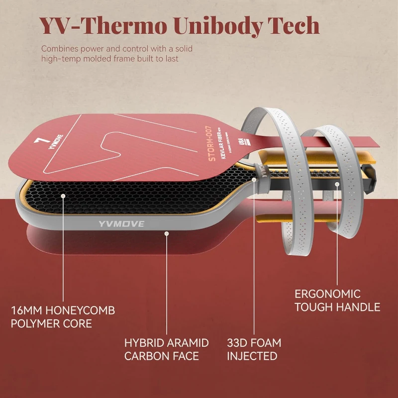 YVMOVE STORM 007 Pickleball Paddle - Hybrid Kevlar/Carbon Face, Thermoformed One-Piece Body, 16mm Polymer Core (8.1 oz)