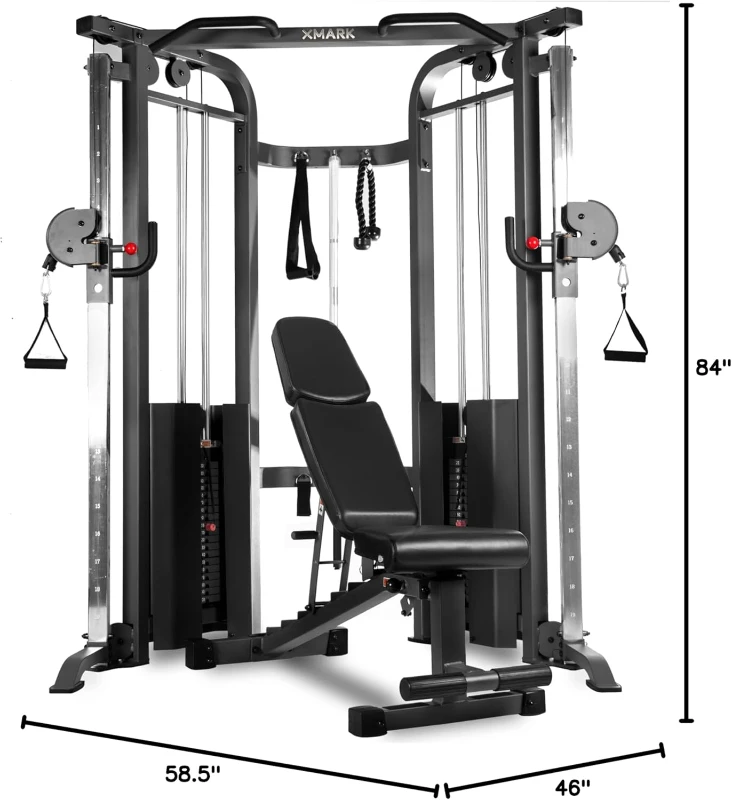 XMARK Functional Trainer — Dual 200 lb Weight Stacks Cable Machine & Crossover with Adjustable FID Bench for Home or Garage Gyms