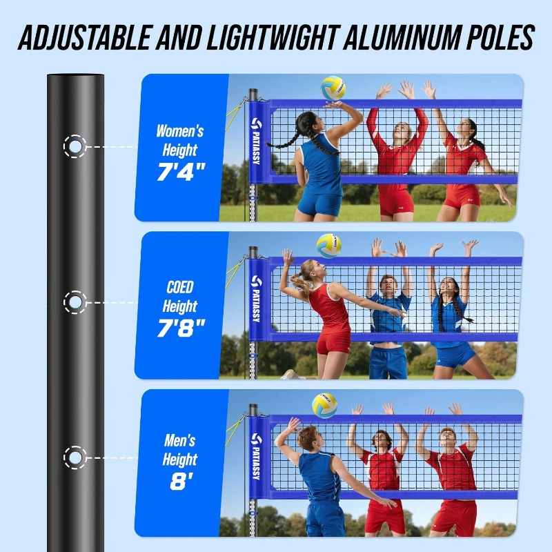 Patiassy Portable Heavy-Duty Outdoor Volleyball Net Set for Backyard and Beach – Adjustable Aluminum Poles with Winch, Steel Stakes, Anti-Sag Design, Pump & 1680D Carry Bag