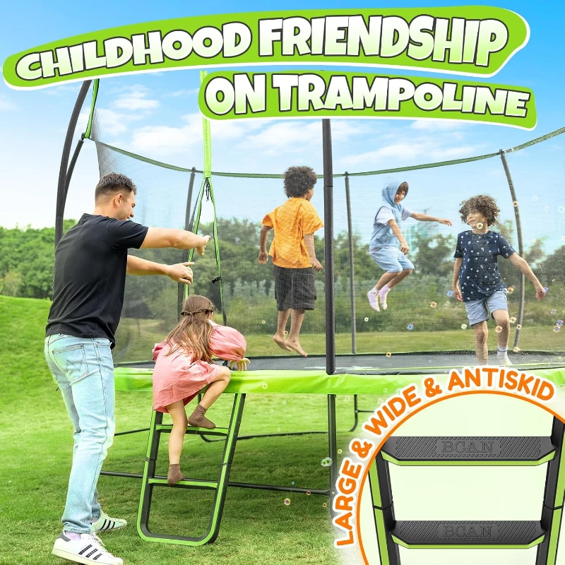 BCAN 8ft/10ft/12ft/14ft/15ft/16ft Safety-Enclosed Recreational Trampoline with Ladder — ASTM F381-16 Approved — Outdoor Trampoline for Kids & Adults