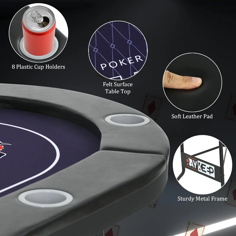 71-Inch Folding Poker Table for 6-8 Players — Portable Casino-Grade Felt Table with Collapsible Legs, Padded Rails and Deep Cup Holders for Texas Hold'em & Blackjack