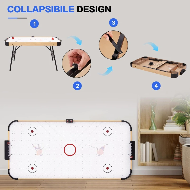 Foldable Air Hockey Table with 12V Motor and LED Electronic Scoreboard — Portable Indoor Game Set with 2 Pucks & 2 Pushers for Kids and Adults