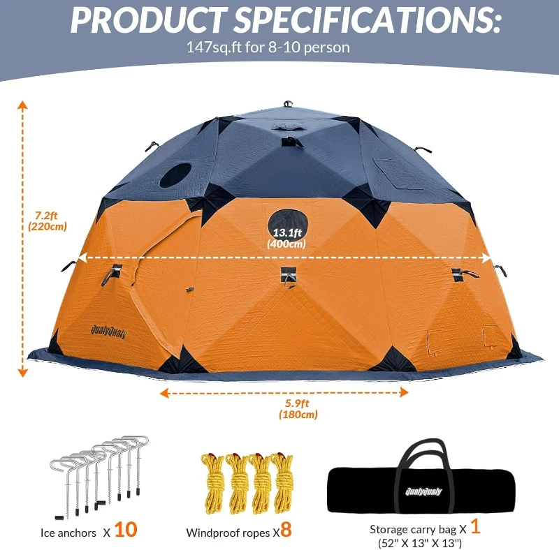 QualyQualy Pop-Up Insulated Ice Fishing Tent with Floor, 8–10 Person, 147 sq ft, Stove Jack