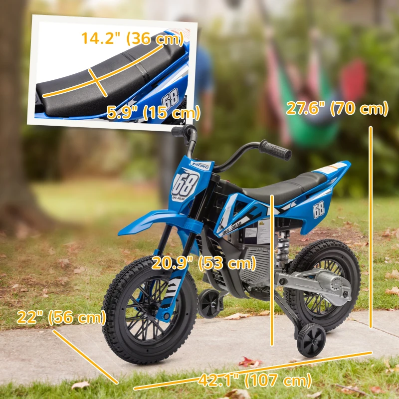 Qaba 12V Kids Dirt Bike, Electric Motorcycle with Twist Grip Throttle, Training Wheels, Rear Suspension & Music, Blue