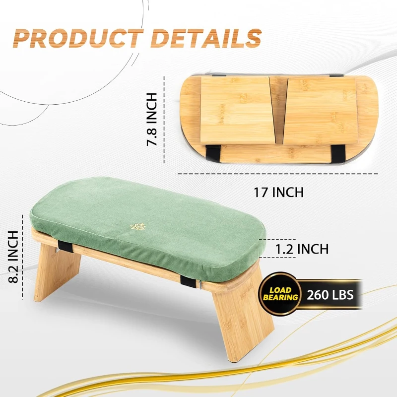 Bamboo Meditation Bench, Folding Kneeling Seiza Stool with Cushion (Green)