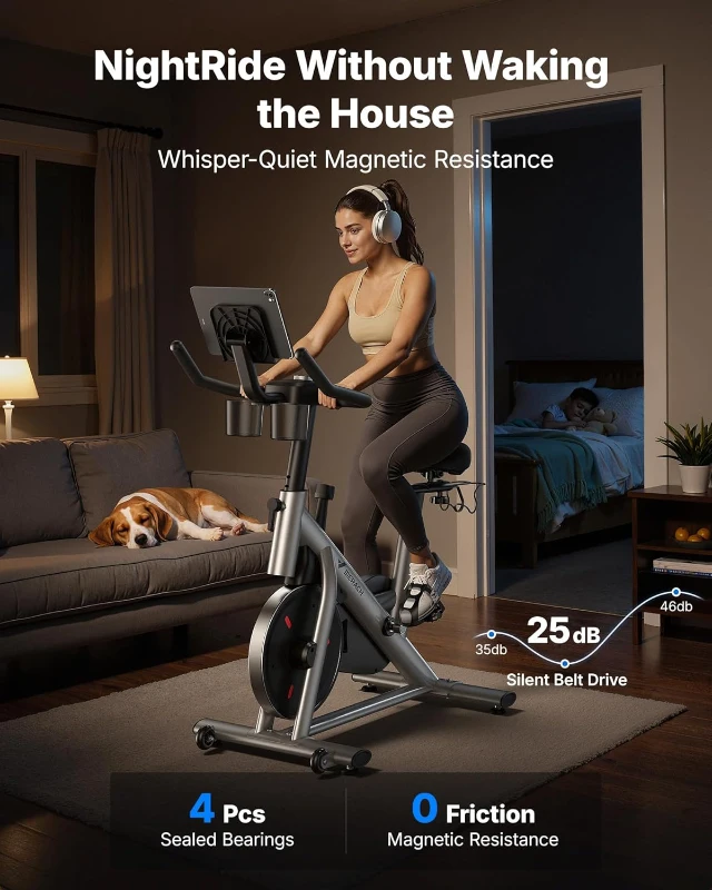 MERACH Stationary Exercise Bike with App — Brake Pad Resistance, Low-Noise Indoor Cycling, 300 lb Capacity, Tablet Mount & Guided Classes