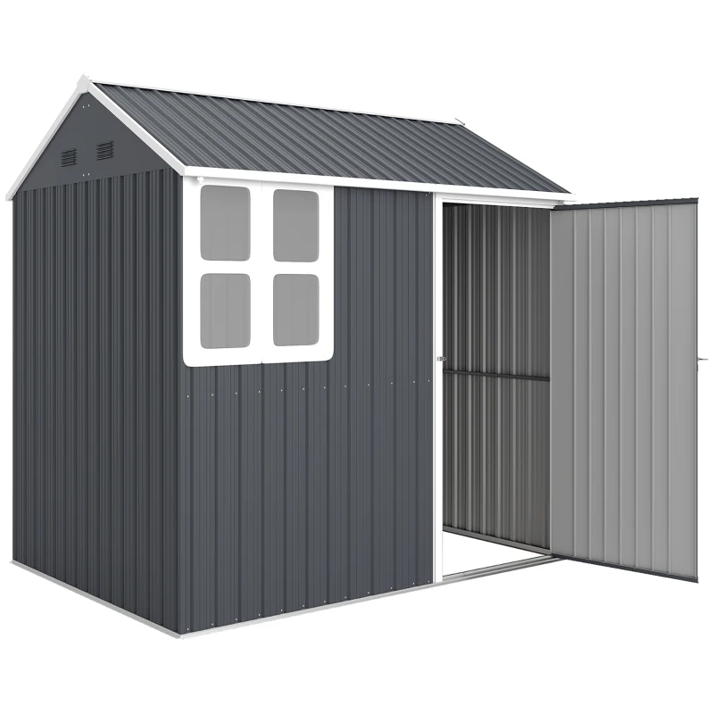 Outsunny 7' x 5.5' Metal Garden Storage Shed, Outdoor Tool Storage House with Lockable Door, Vents, Sloped Roof, Dark Grey