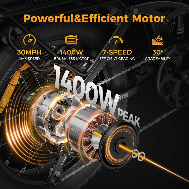 Jasion X-Hunter Foldable E-Bike — 750W Motor (Peak 1400W), 624Wh Removable Battery, 30 MPH, 20""x4"" Fat Tires, Full Suspension, 70+ Mile Range, 7-Speed