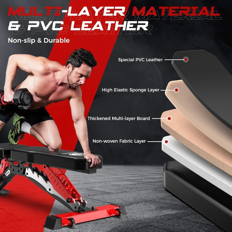 Pooboo Adjustable Weight Bench — Heavy-Duty Strength Training Bench, Flat/Incline/Decline, 1500 lb Capacity