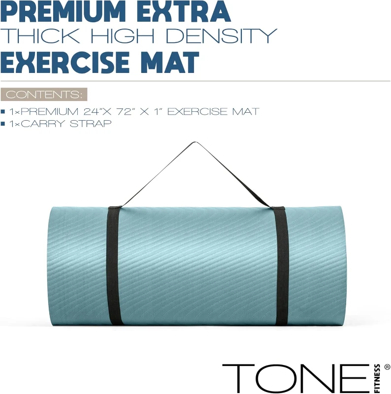Tone Fitness One-Inch High-Density Yoga Mat | Extra-Thick Non-Slip Exercise Mat with Carry Strap (24"" x 72"") | Multiple Options