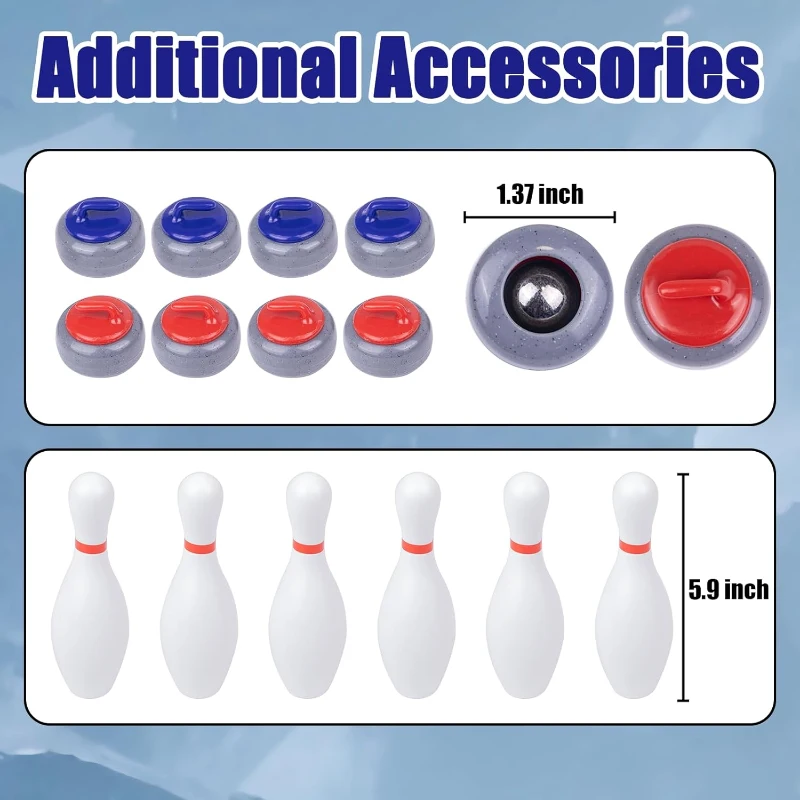 3-in-1 Shuffleboard, Curling & Bowling Board Game Set with 11.8 ft Mat, 2 Cues, 8 Rocks & 6 Pins - Family Fun