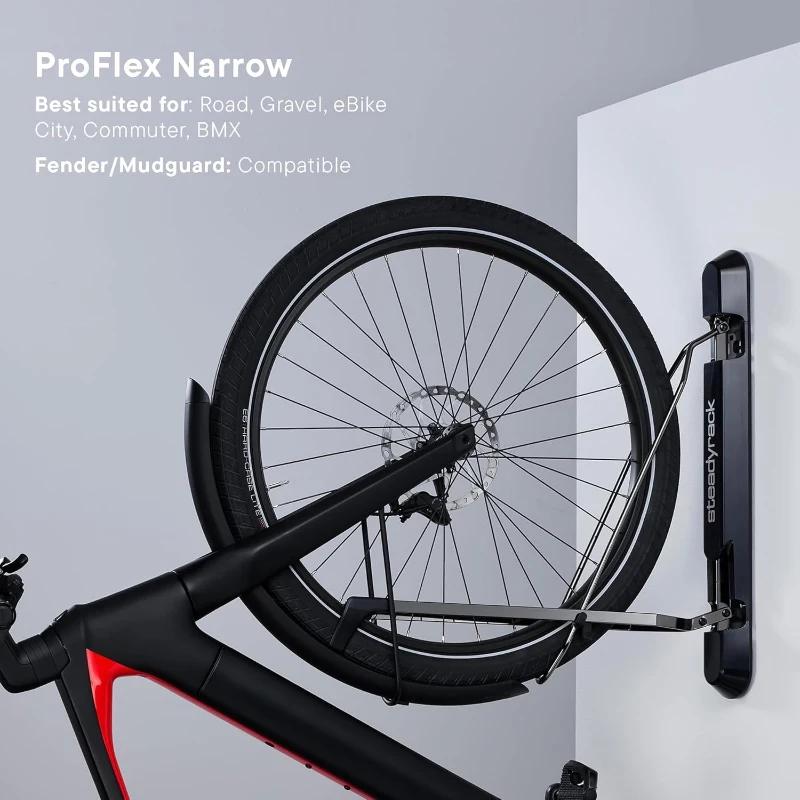 Steadyrack ProFlex Narrow - Wall-Mounted Vertical Bike Rack for Road Bikes, Space-Saving Pivoting Design, Heavy-Duty Steel (Fits Narrow Tires)