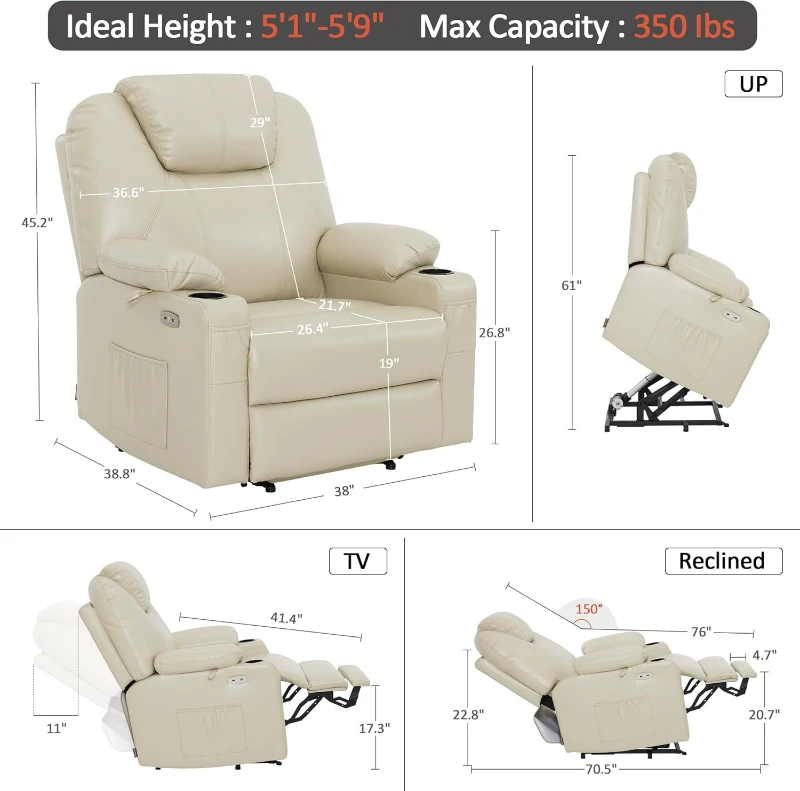 MCombo Extra Wide Power Lift Recliner Chair for Elderly R7045 - Medium-Wide Faux Leather Lift Chair with Heat & Massage, USB & Type-C Ports, Cup Holders (Cream White)