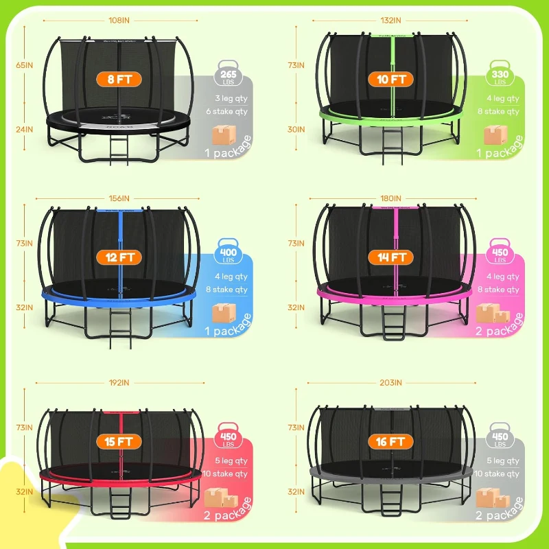 BCAN Outdoor Trampoline with Enclosure & Ladder — Available in 8ft/10ft/12ft/14ft/15ft/16ft — ASTM F381-16 Certified Recreational Trampoline for Kids and Adults