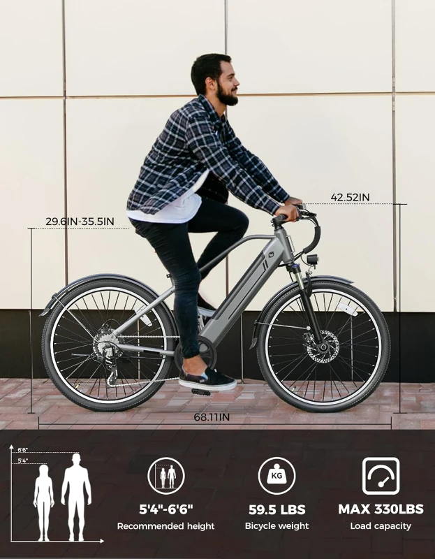 26"" YOLOWAY Commuter Electric Bike for Adults, Peak 1000W Brushless Motor, Up to 25 MPH, Removable 36V 10Ah (≈375Wh) Battery, 7-Speed, Front Suspension, ~40+ Mile Range