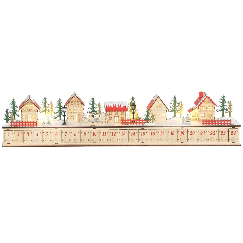 HOMCOM Christmas Advent Calendar with 24 Countdown Drawers and LED Lights, Wood-Effect Advent Calendar, Battery Operated
