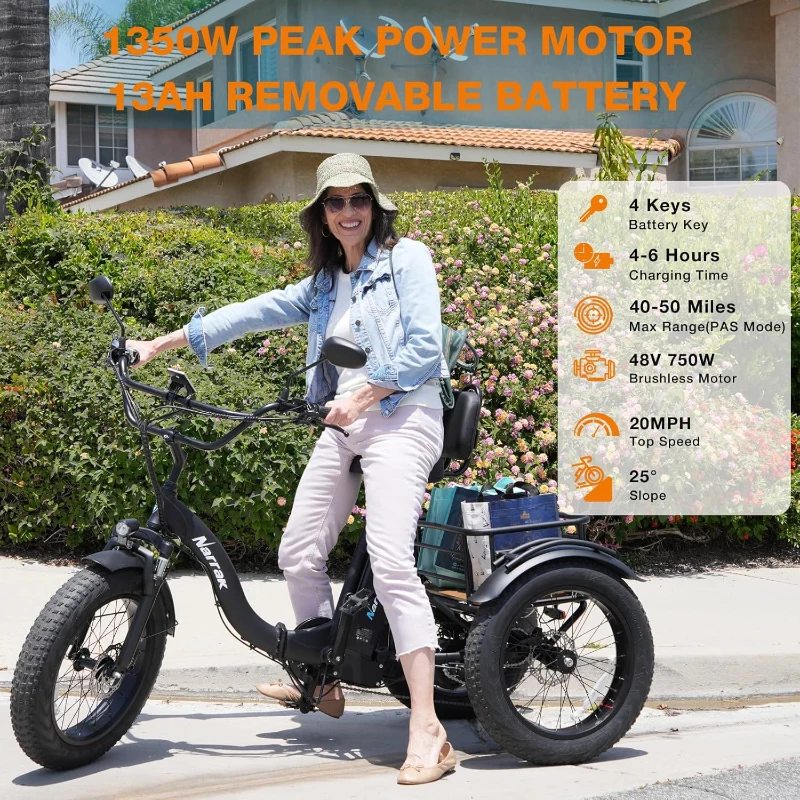 Narrak Adult Electric Tricycle 750W (Peak 1350W) 48V 13Ah Ebike - 20x4.0"" Aluminum Folding Fat-Tire 3-Wheel Trike with Rear Motor Differential & Hydraulic Brakes
