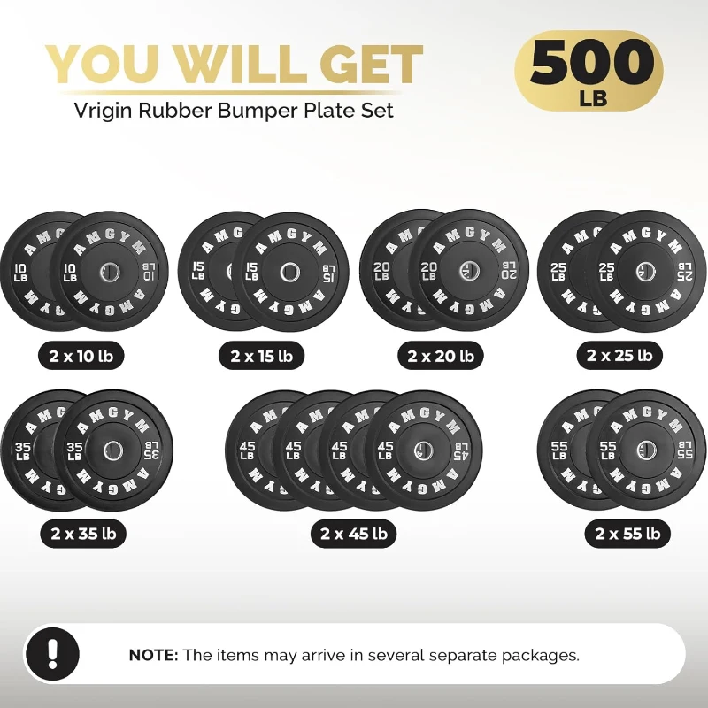 AMGYM 2-Inch Rubber Bumper Plate Set (10–500 lbs) – Olympic Barbell Weight Plates for Home Gym, Strength Training, Multiple Colors