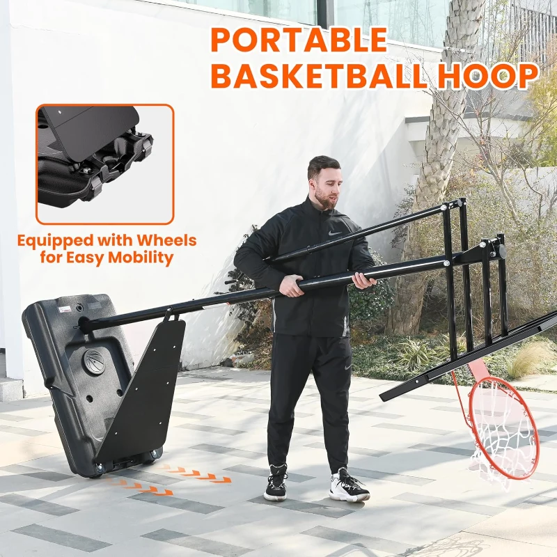 10ft Height-Adjustable Portable Basketball Hoop System with 45/48in Steel-Frame Backboard — Wheels & Fillable Base for Driveway, Backyard or Pool