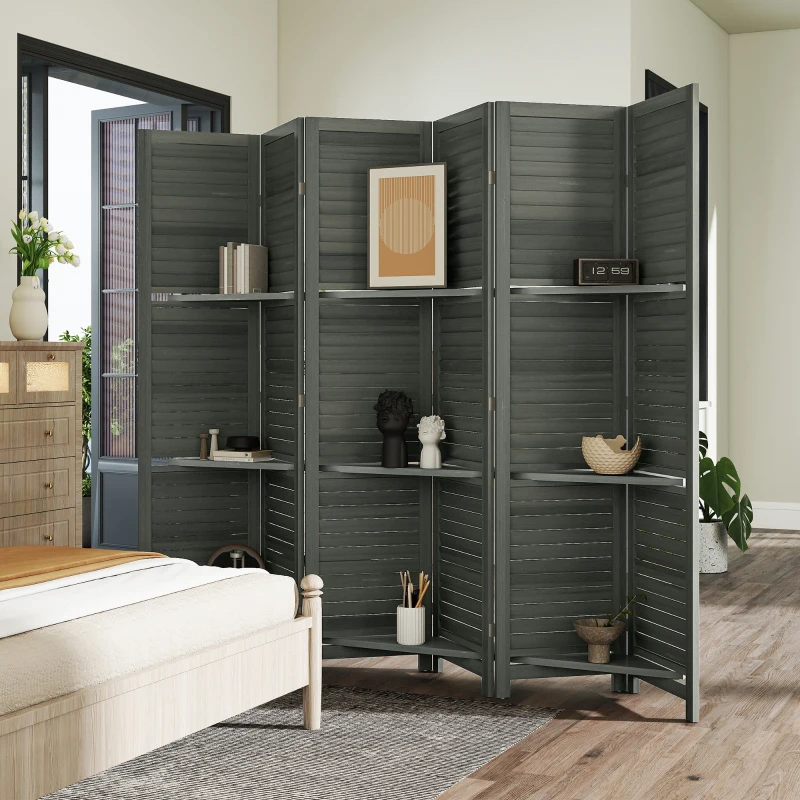 HOMCOM 6 Panel 67" Tall Wood Privacy Screen Room Divider with 3 Shelves and Folding Storage for Bedroom, Gray
