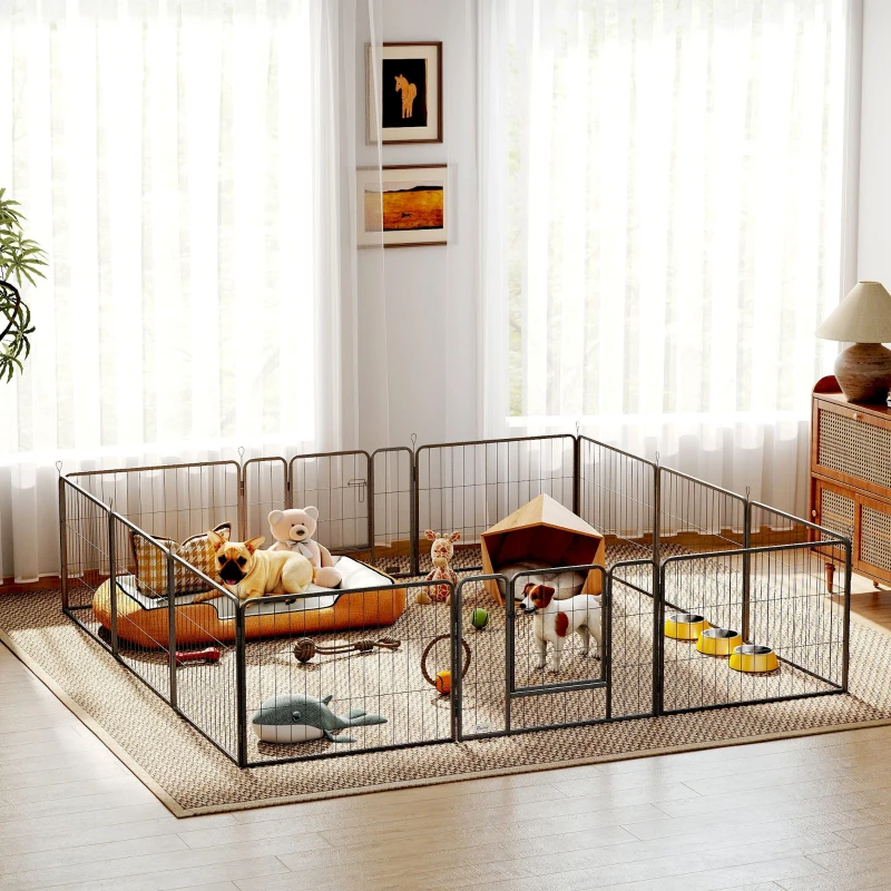 PawHut Dog Playpen, 31.5"W Heavy-Duty Metal Puppy Play Pen, Pet Exercise Fences for Outside and Indoor, DIY Design with Door for Small Dogs, 12 Panels, 23.5"H